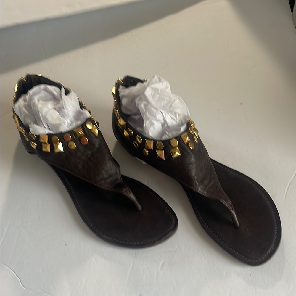 Tory Burch Dark Brown Leather Thong Sandals with Gold Stud Detailing